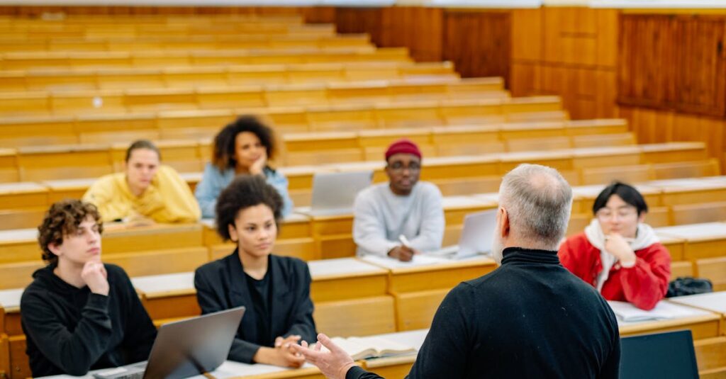 Students attending a lecture in a university classroom with an engaged professor.